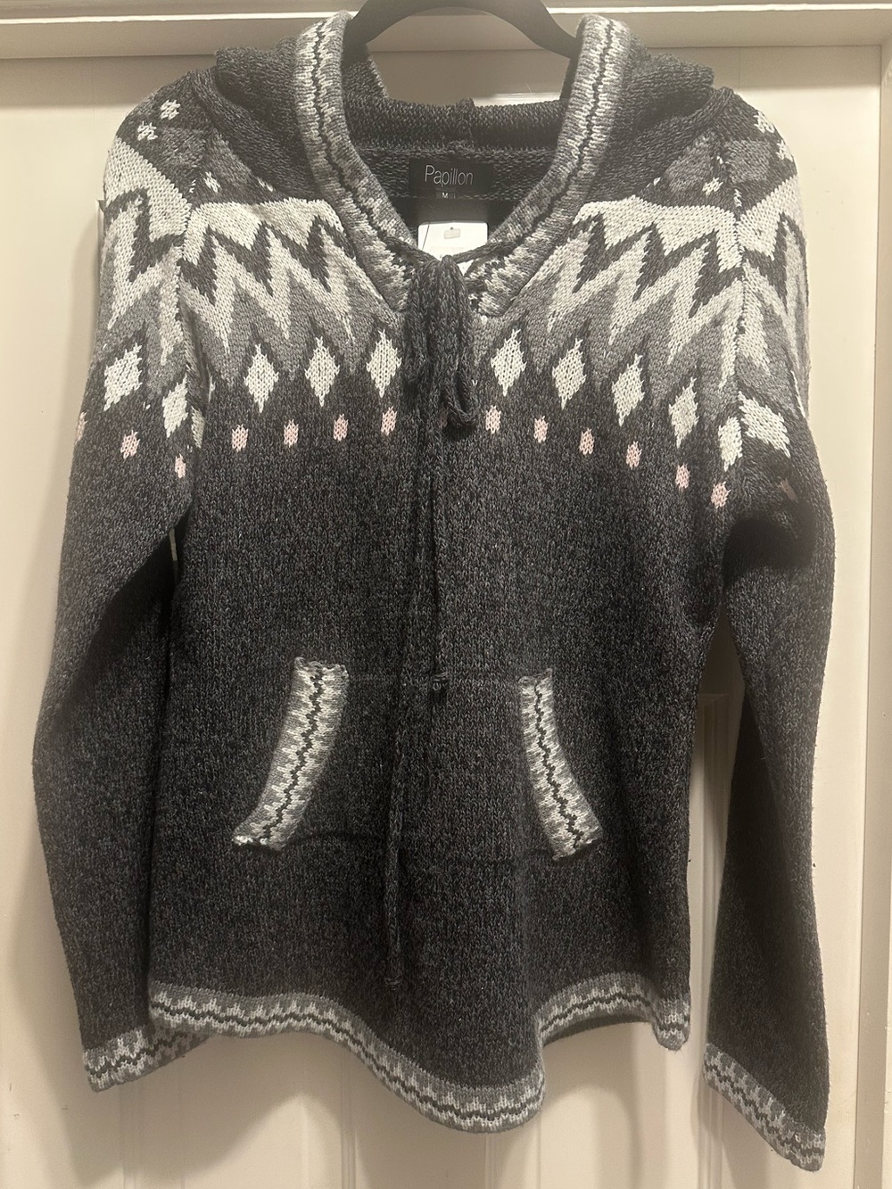 Papillon Blanc Charcoal and Light Pink Fair Isle Hooded Cardigan